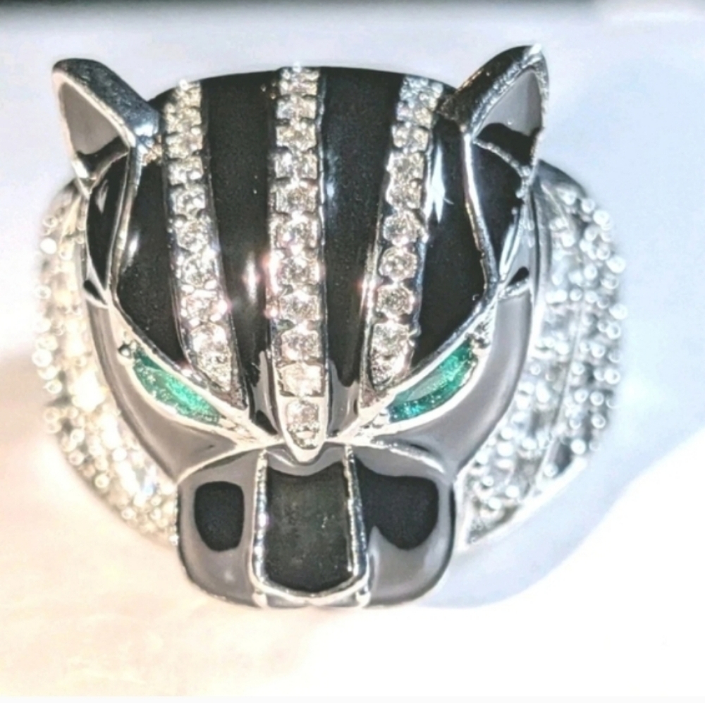 Retro Panther Head Statement Ring with Black Enamel and Lab Created Sz 12